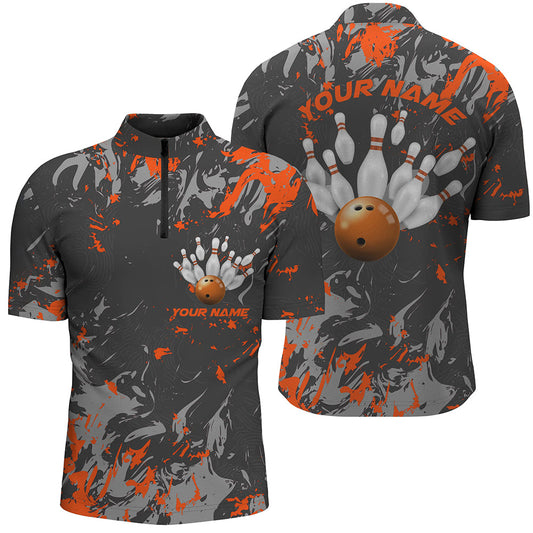 Schwarz-orange Camo-Bowlingteam-Hemden für Herren, individuelle Quarter-Zip-Hemden, Bowlingliga IPHW5361