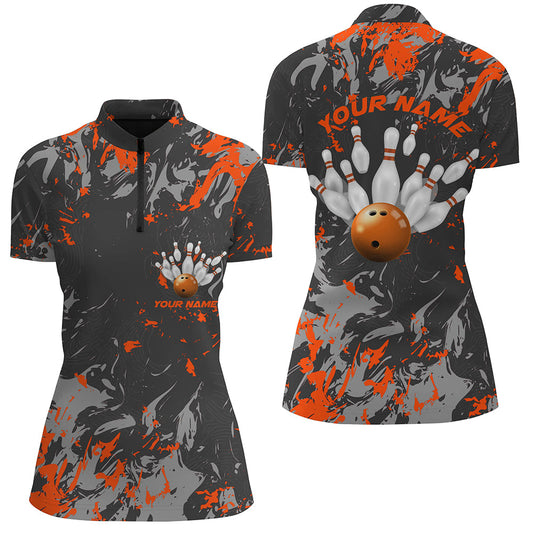 Schwarz-orange Camo-Bowlingteam-Hemden für Damen, individuelle Quarter-Zip-Bowlingliga-Hemden IPHW5361