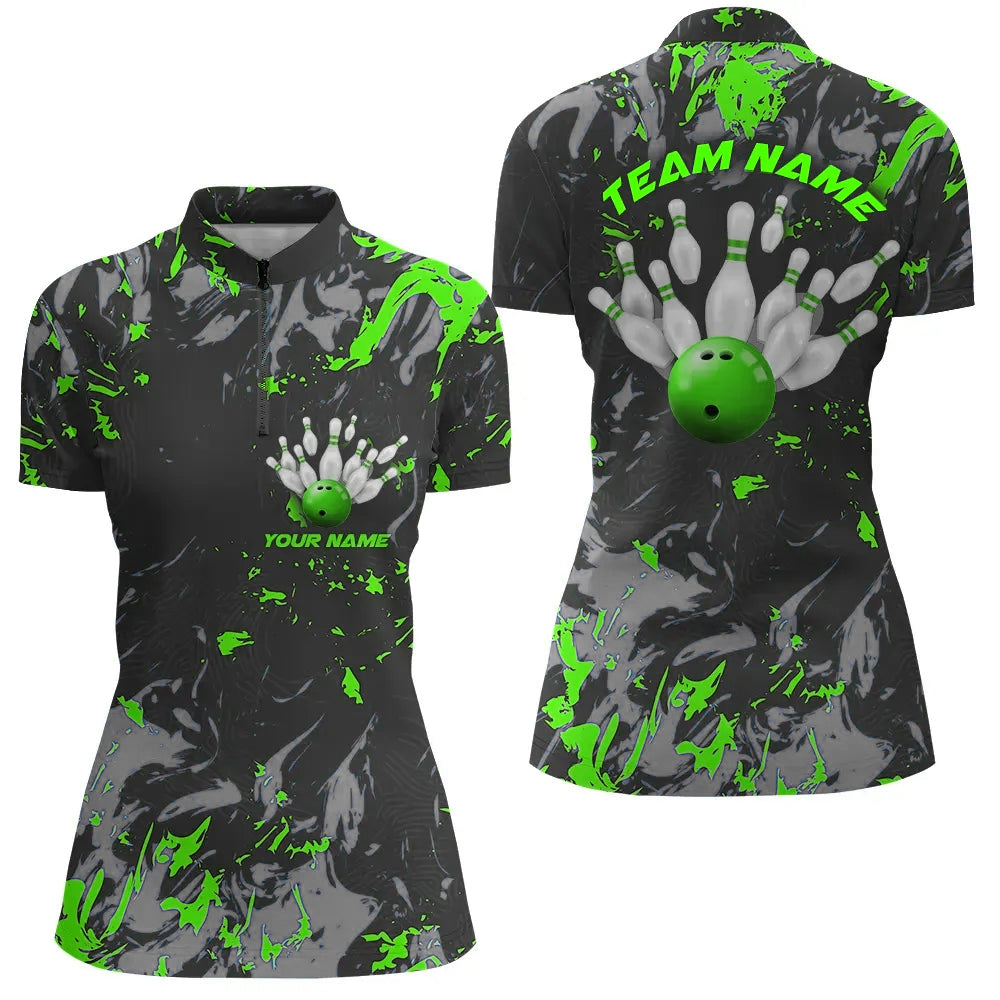 Schwarz-grüne Camo-Bowlingteam-Hemden für Damen, individuelle Quarter-Zip-Bowlingliga-Hemden IPHW5362