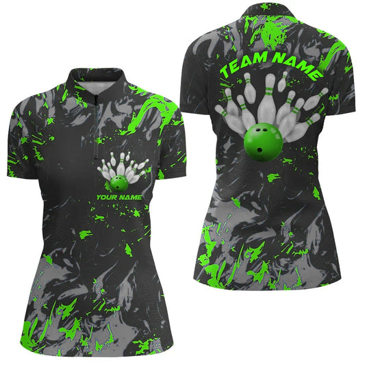 Schwarz-grüne Camo-Bowlingteam-Hemden für Damen, individuelle Quarter-Zip-Bowlingliga-Hemden IPHW5362