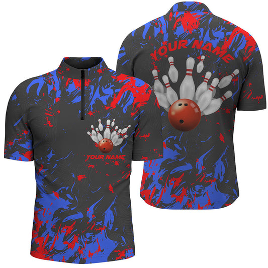 Blau-rote Camo-Bowlingteam-Hemden für Herren, individuelle Quarter-Zip-Hemden, Bowlingliga IPHW5363