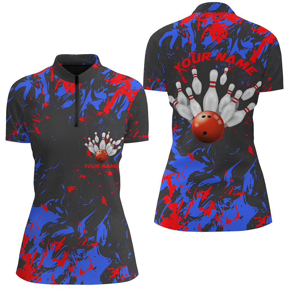 Blau-rote Camo-Bowlingteam-Hemden für Damen, individuelle Quarter-Zip-Hemden, Bowlingliga IPHW5363