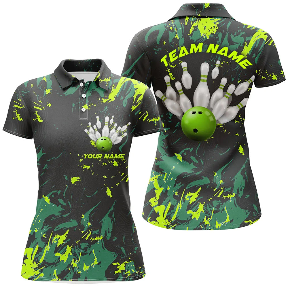 Schwarz-grüne Camo-Bowlingteam-Hemden für Damen, individuelle Polohemden, Bowlingliga IPHW5364