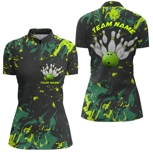 Schwarz-grüne Camo-Bowlingteam-Hemden für Damen, individuelle Quarter-Zip-Bowlingliga-Hemden IPHW5364