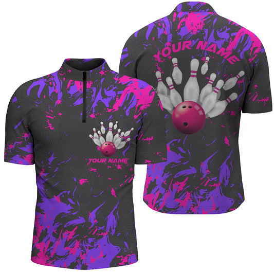 Lila und pinke Camo-Bowlingteam-Hemden für Herren, individuelle Quarter-Zip-Hemden, Bowlingliga IPHW5365