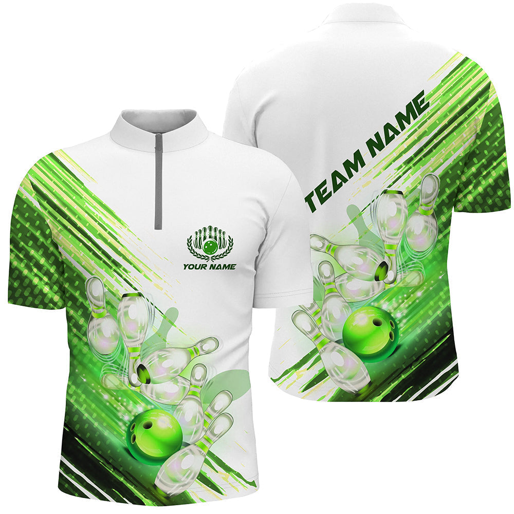 Grüne individuelle Bowlinghemden für Herren, Bowling-Quarter-Zip-Hemden, personalisierte Bowlingteam-Trikots IPHW5371