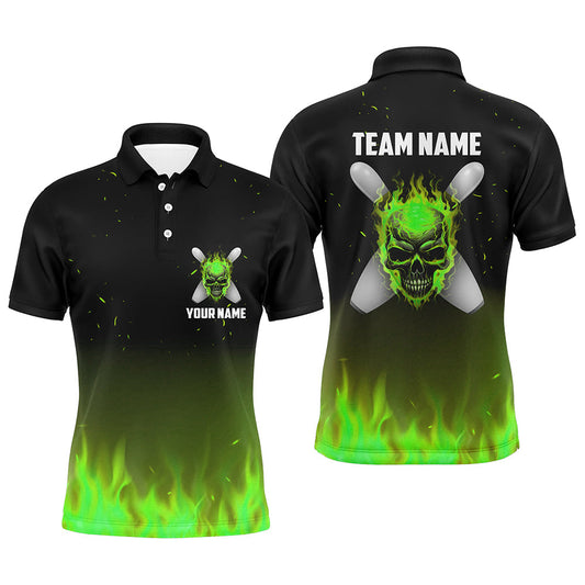 Grüne Flammen-Schädel-Herren-Bowling-Polohemden, personalisierte Bowlingteam-Trikots, Halloween-Outfits IPHW5373