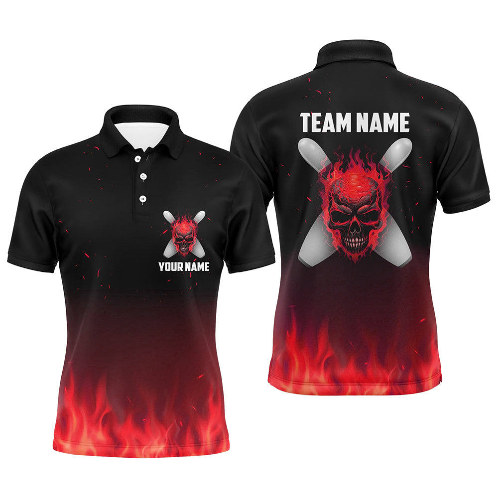 Rote Flammen-Schädel-Herren-Bowling-Polohemden, personalisierte Bowlingteam-Trikots, Halloween-Outfits IPHW5374