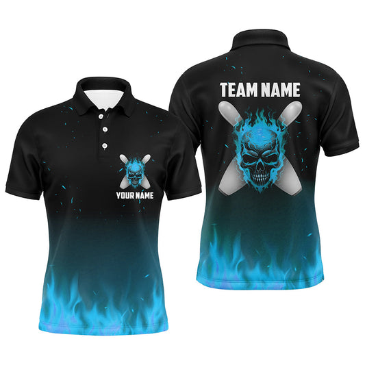 Blaue Flammen-Schädel-Herren-Bowling-Polohemden, personalisierte Bowlingteam-Trikots, Halloween-Outfits IPHW5375