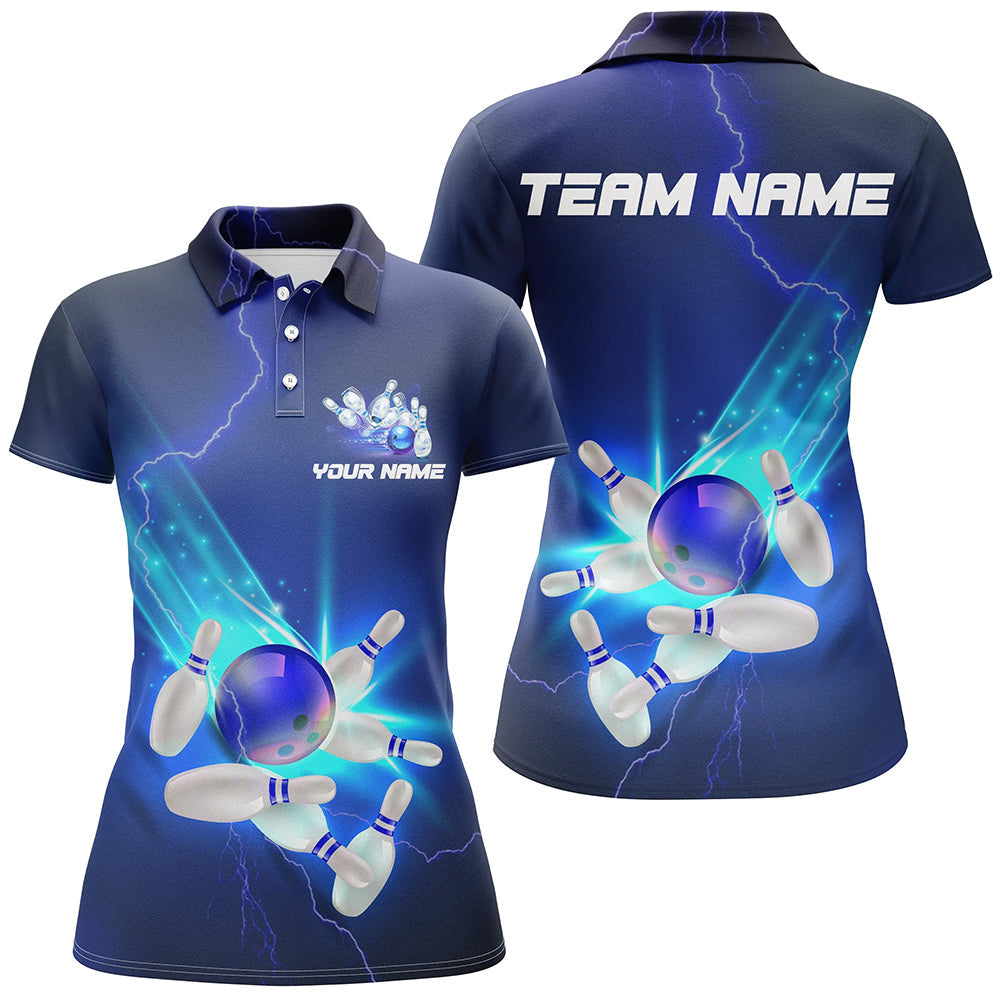 Individuelle blaue Thunder Lightning Polo-Bowlinghemden für Damen, "Strike"-Bowlingteam-Trikots IPHW5381