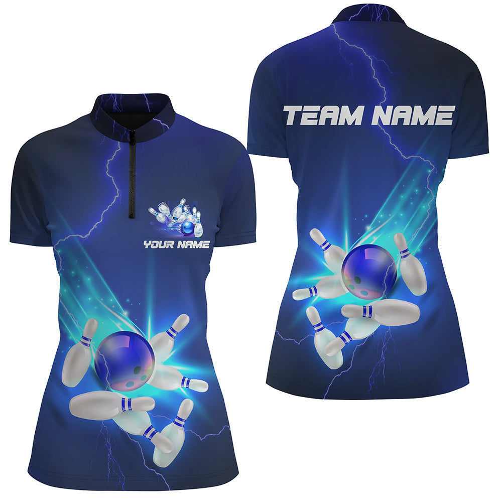 Individuelle blaue Thunder Lightning Quarter-Zip-Bowlinghemden für Damen, "Strike"-Bowlingteam-Trikots IPHW5381