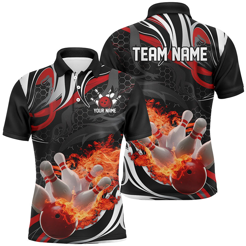 Rot-schwarze individuelle Flammen-Bowlinghemden für Herren, personalisierte Bowlingteam-Polohemden IPHW6769