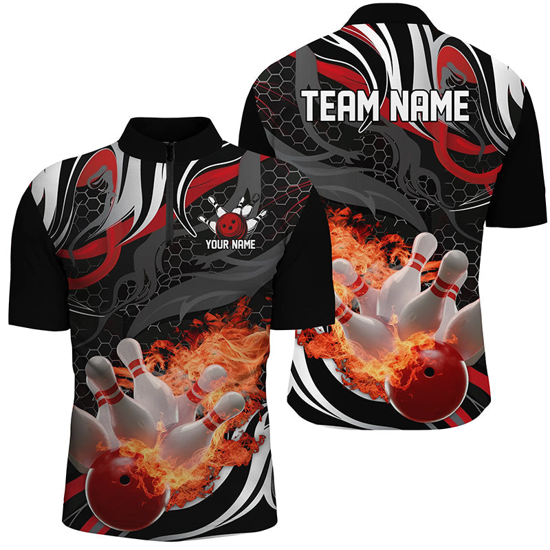 Rot-schwarze individuelle Flammen-Bowlinghemden für Herren, personalisierte Bowlingteam-Quarter-Zip-Hemden IPHW6769