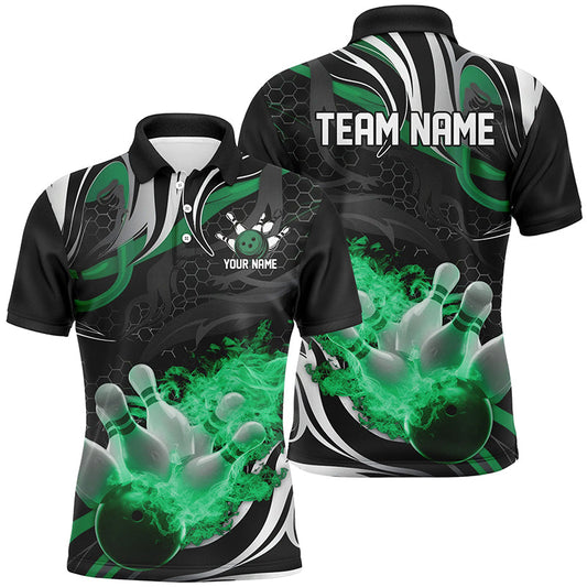 Grün-schwarze individuelle Flammen-Bowlinghemden für Herren, personalisierte Bowlingteam-Polohemden IPHW6770