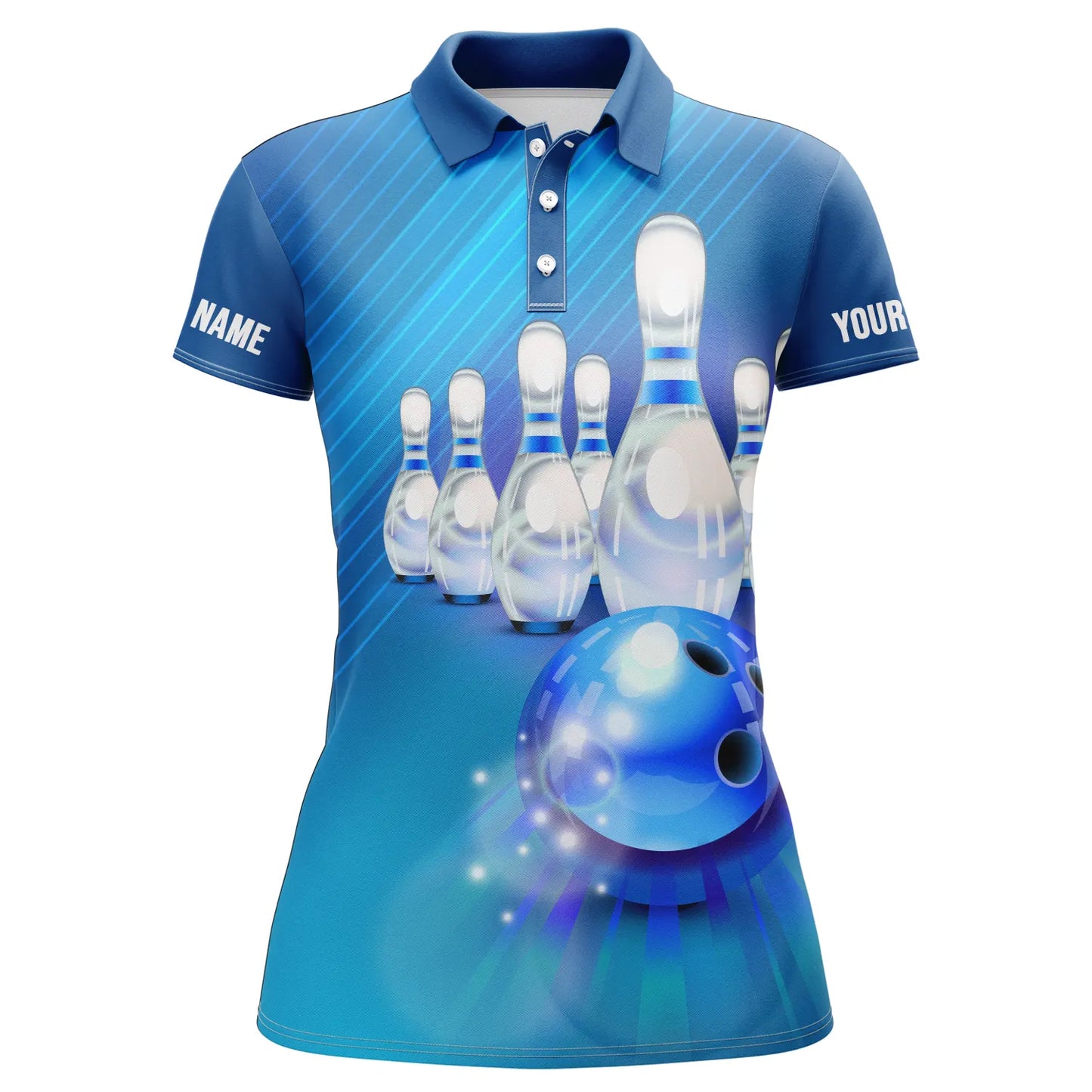 Individuell gestaltete blaue Bowling-Hemden für Damen, Bowling-Kugeln und -Pins Jerseys für Mädchen IPHW4176