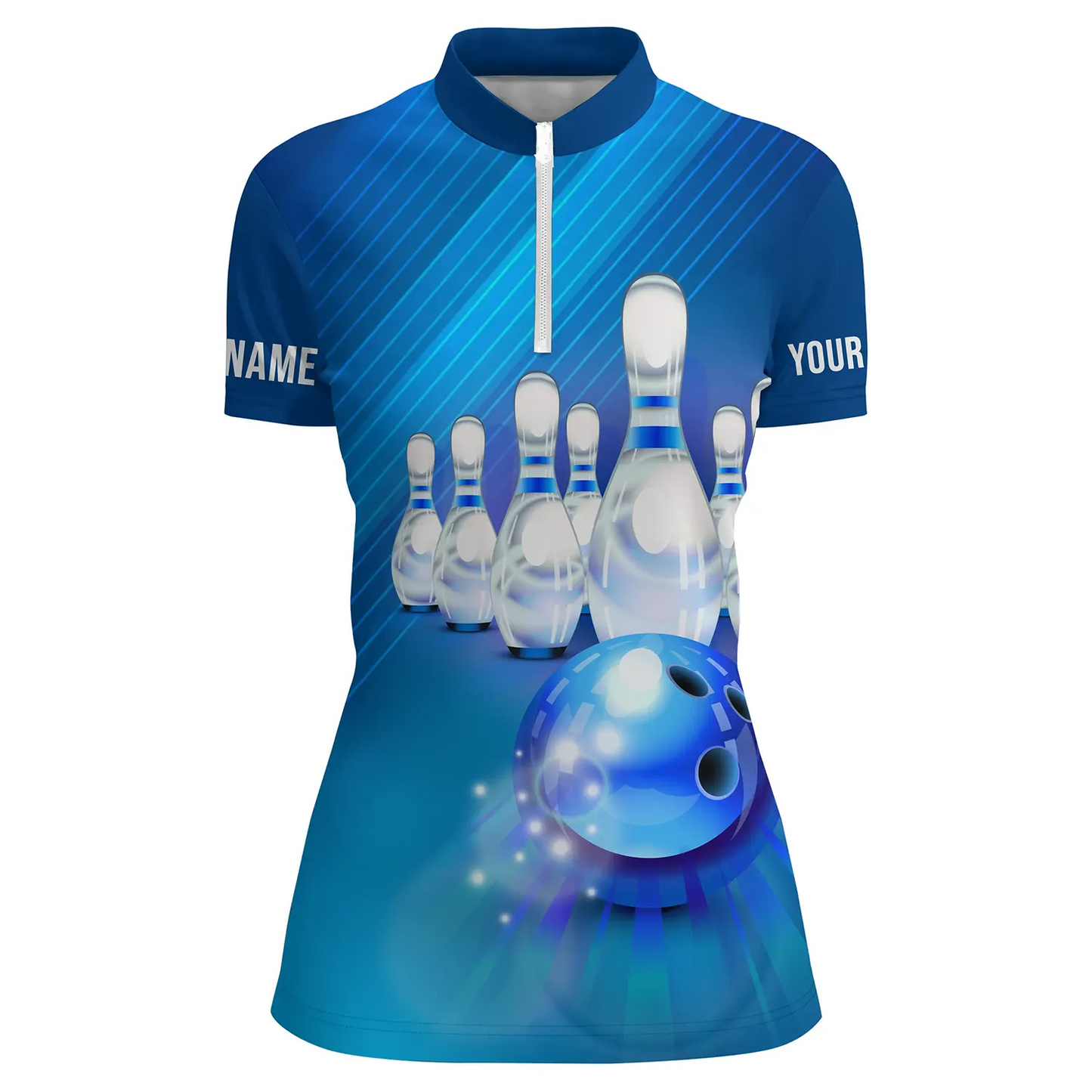 Individuell gestaltete blaue Bowling-Hemden für Damen, Bowling-Kugeln und -Pins Jerseys für Mädchen IPHW4176