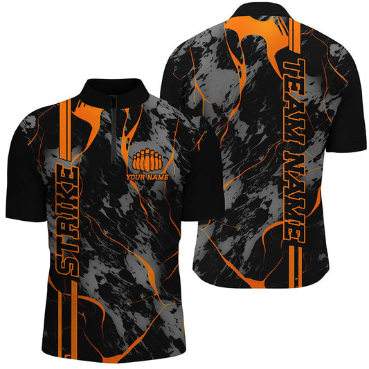 Individuelle orange "Strike"-Bowlinghemden für Herren, Quarter-Zip, orange Camo-Bowlingteam-Trikots, Bowlingliga IPHW5385