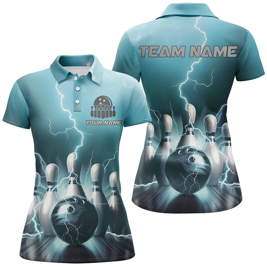 Individuelle blaue Thunder Lightning Damen-Bowling-Polohemden, "Strike"-Bowlingteam-Trikots, Outfits IPHW5394