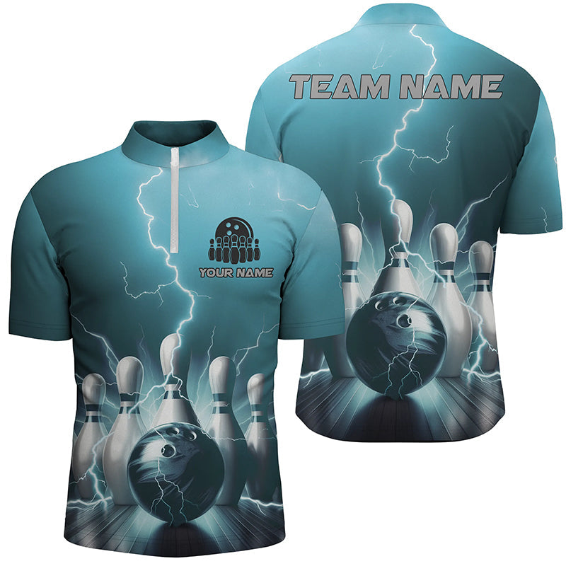 Personalisierte blaue Thunder Lightning Herren-Quarter-Zip-Bowlinghemden, "Strike"-Bowlingteam-Trikots IPHW5394