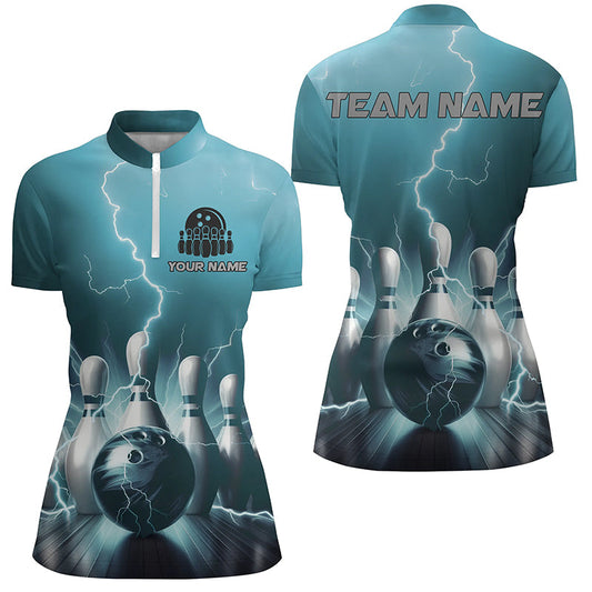 Individuelle blaue Thunder Lightning Damen-Quarter-Zip-Bowlinghemden, "Strike"-Bowlingteam-Trikots IPHW5394