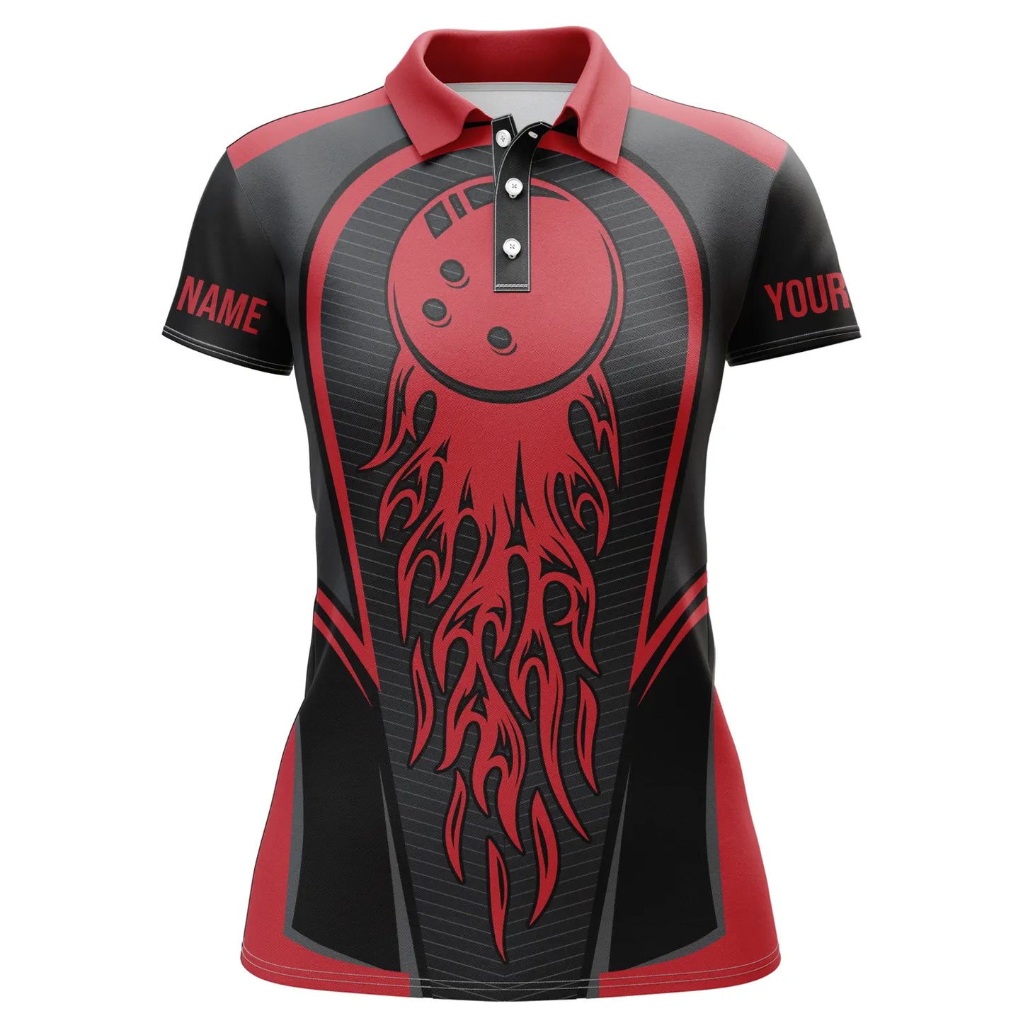 Rote flammende Bowling-Kugel individuelle Damen-Bowling-Jerseys, passende Team-Bowling-Hemden IPHW4200