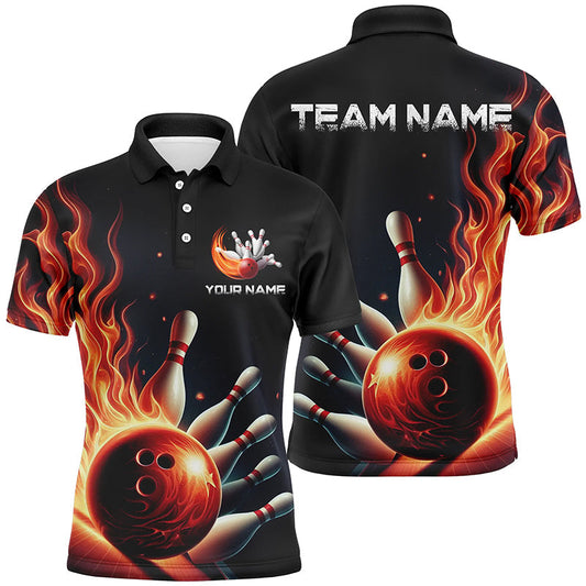 Personalisierte rote Flammen-Bowling-Polohemden für Herren und Damen, Bowlingteam-Trikots, "Strike"-Bowling IPHW5405