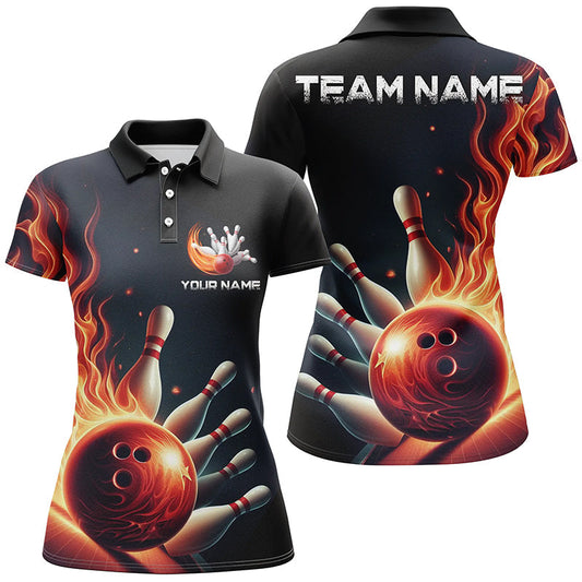 Personalisierte rote Flammen-Bowling-Polohemden für Damen, Bowlingteam-Trikots, "Strike"-Bowling IPHW5405