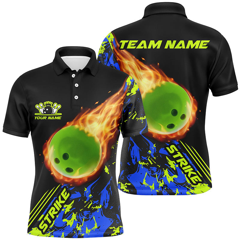 Personalisierte Herren-Bowling-Polohemden, grüne Flammen-Bowlingkugel, "Strike"-Bowlingteam-Trikots IPHW5421