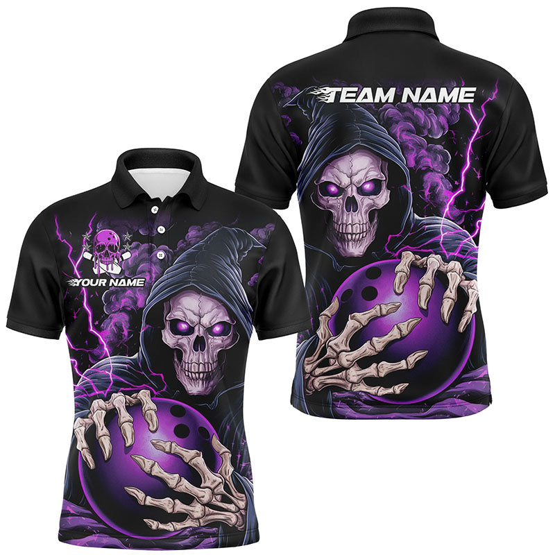 Individuelle lila Schädel-Bowling-Polohemden für Herren, personalisierte Halloween-Bowlingteamhemden IPHW6799