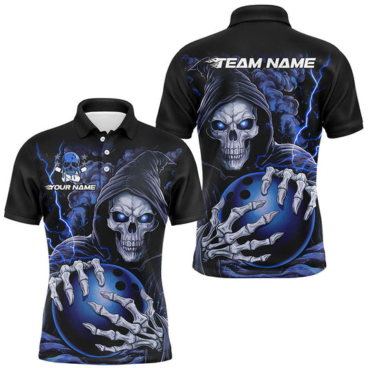 Individuelle blaue Schädel-Bowling-Polohemden für Herren, personalisierte Halloween-Bowlingteamhemden IPHW6800