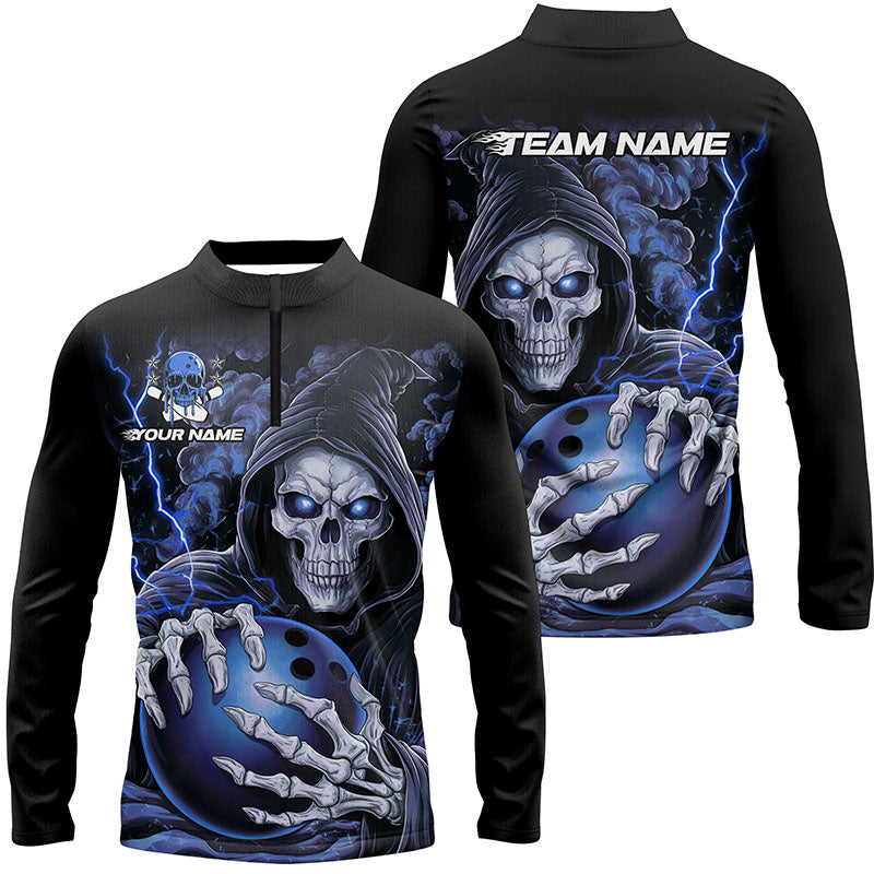 Individuelle blaue Schädel-Bowling-Langarm-Quarter-Zip-Hemden für Herren, Halloween-Bowlingteamhemden IPHW6800