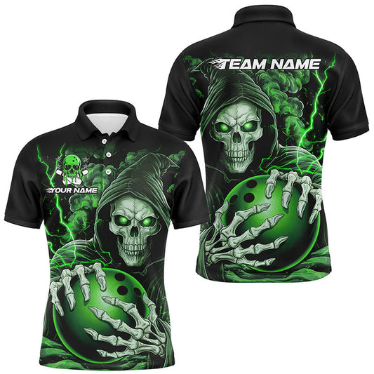 Individuelle grüne Schädel-Bowling-Polohemden für Herren, personalisierte Halloween-Bowlingteamhemden IPHW6801