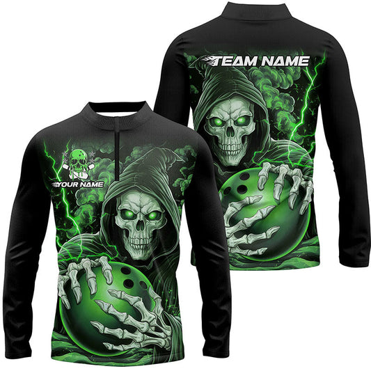 Individuelle grüne Schädel-Bowling-Langarm-Quarter-Zip-Hemden für Herren, Halloween-Bowlingteamhemden IPHW6801