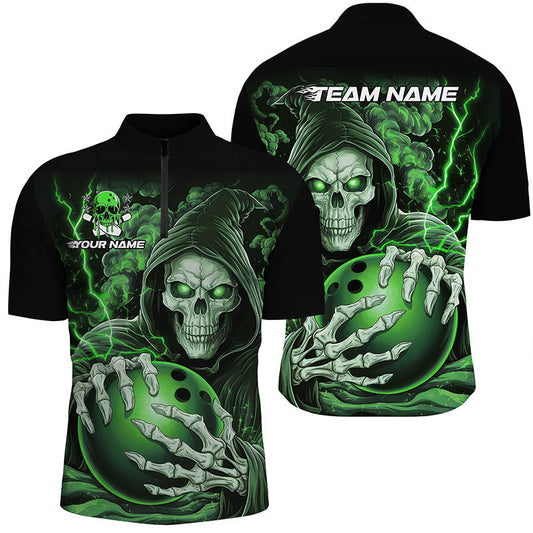 Individuelle grüne Schädel-Bowling-Quarter-Zip-Hemden für Herren, personalisierte Halloween-Bowlingteam-Hemden IPHW6801