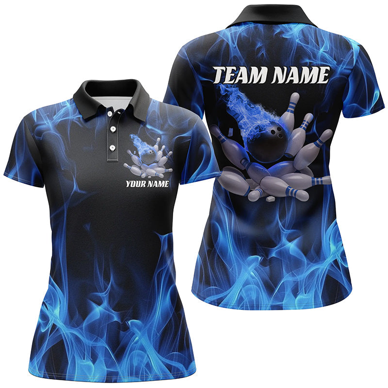 Blaue Feuer-Bowlingkugel und Pins, individuelle Hemden für Damen, Flammen-Bowlingteam-Trikots IPHW6700