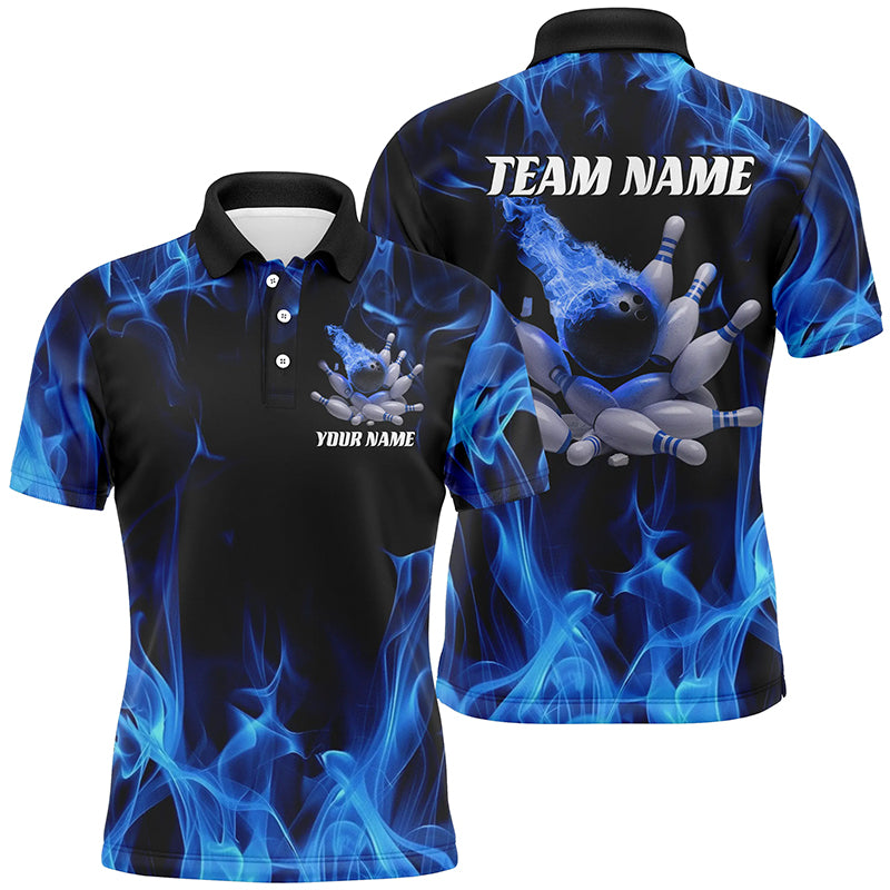 Blaue Feuer-Bowlingkugel und Pins, individuelle Hemden für Herren und Damen, Flammen-Bowlingteam-Trikots IPHW6700