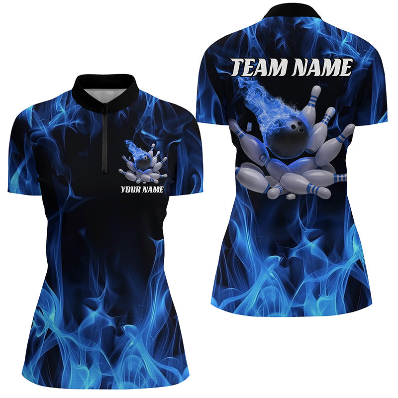 Blaue Feuer-Bowlingkugel und Pins, individuelle Hemden für Damen, Flammen-Bowlingteam-Trikots IPHW6700