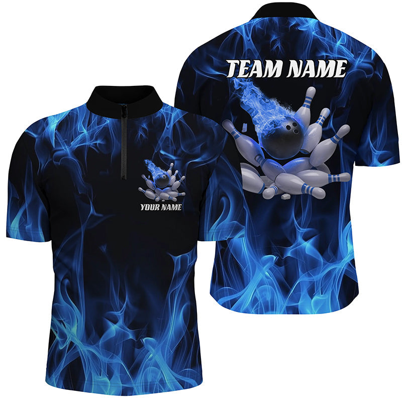 Blaue Feuer-Bowlingkugel und Pins, individuelle Hemden für Herren und Damen, Flammen-Bowlingteam-Trikots IPHW6700