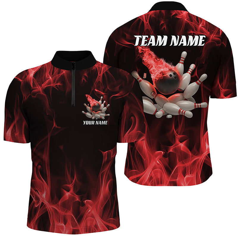 Rote Feuer-Bowlingkugel und Pins, individuelle Hemden für Herren und Damen, Flammen-Bowlingteam-Trikots IPHW6701