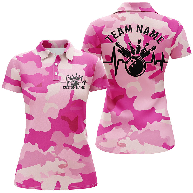 Bowling-Herzschlag-Puls-Linie blau-pinkes Camouflage, individuelle Bowlingteam-Hemden für Damen IPHW6703