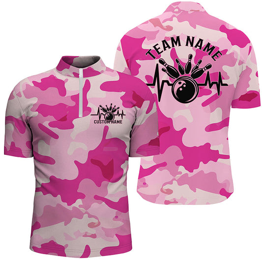 Bowling-Herzschlag-Puls-Linie blau-pinkes Camouflage, individuelle Bowlingteam-Hemden für Herren und Damen IPHW6703