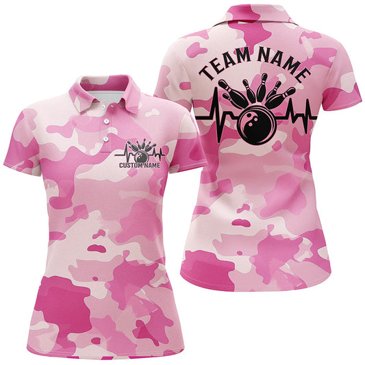 Bowling-Herzschlag-Puls-Linie blau-pinkes Camouflage, individuelle Bowlingteam-Hemden für Damen IPHW6704