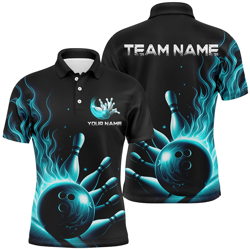 Personalisierte blaue Flammen-Bowling-Polohemden für Herren und Damen, Bowlingteam-Trikots, "Strike"-Bowling IPHW5822