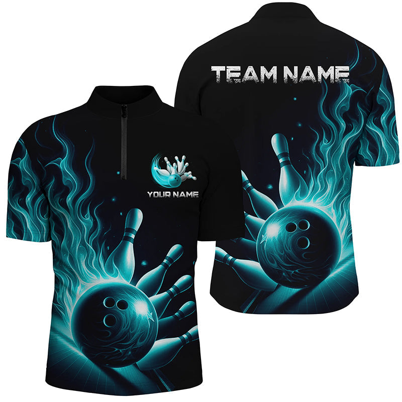 Personalisierte blaue Flammen-Bowling-Polohemden für Herren und Damen, Bowlingteam-Trikots, "Strike"-Bowling IPHW5822