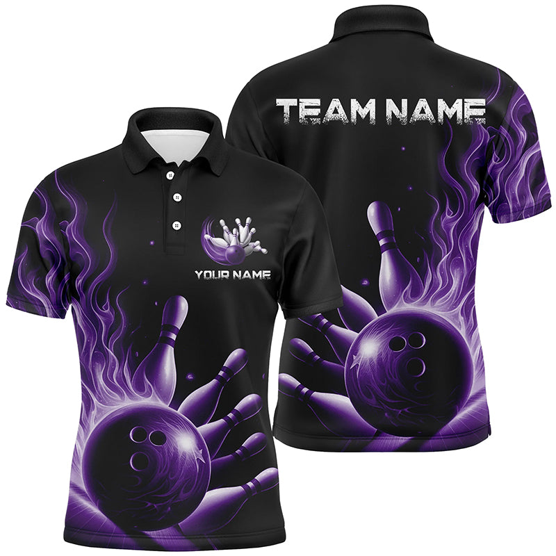 Personalisierte lila Flammen-Bowling-Polohemden für Herren und Damen, Bowlingteam-Trikots, "Strike"-Bowling IPHW5823