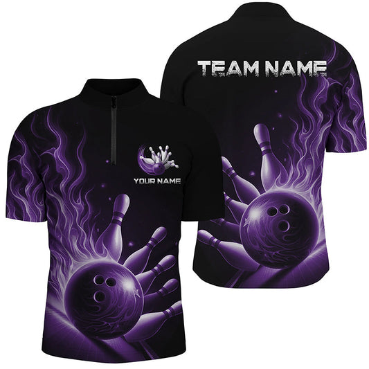 Personalisierte lila Flammen-Bowling-Polohemden für Herren und Damen, Bowlingteam-Trikots, "Strike"-Bowling IPHW5823