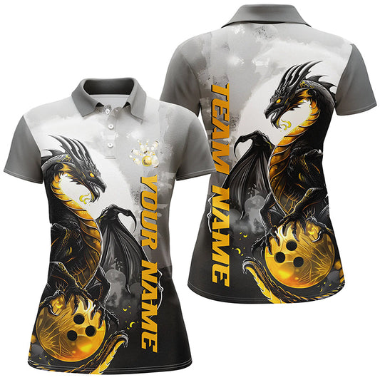 Schwarzgoldene individuelle Drachen-Bowlinghemden für Damen, Drachen-Bowlingteamhemden IPHW7058