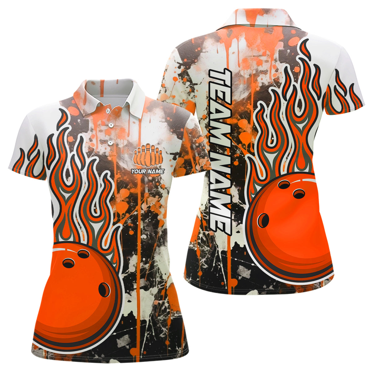 Orange Camo-Flammen-Bowling-Polohemden für Damen, individuelle Bowlingteam-Trikots, Bowlingliga IPHW5419