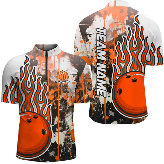 Orange Camo-Flammen-Bowling-Quarter-Zip-Hemden für Herren, individuelle Bowlingteam-Trikots, Bowlingliga IPHW5419