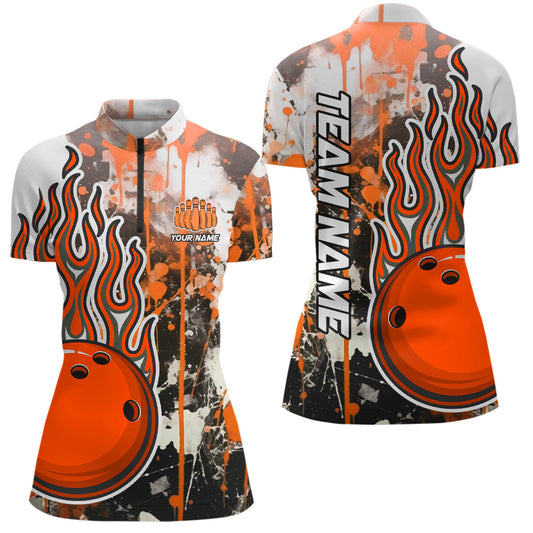 Orange Camo-Flammen-Bowling-Quarter-Zip-Hemden für Damen, individuelle Bowlingliga-Team-Trikots IPHW5419